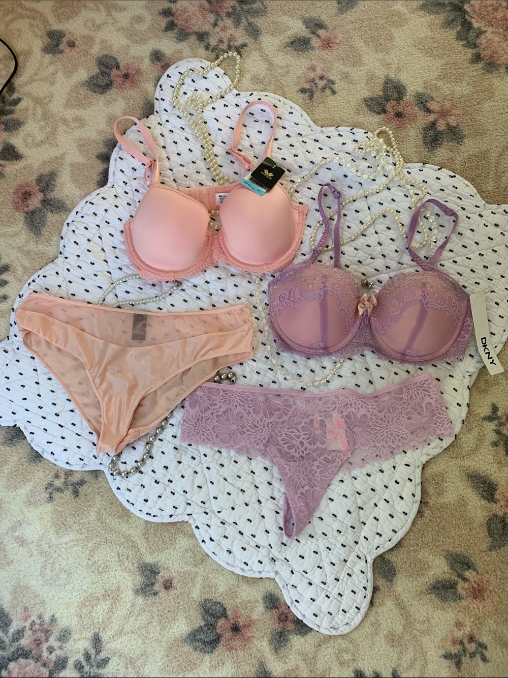 DKNY Soft Pink & DKNY Lavender Lace Bra and Panty Set
